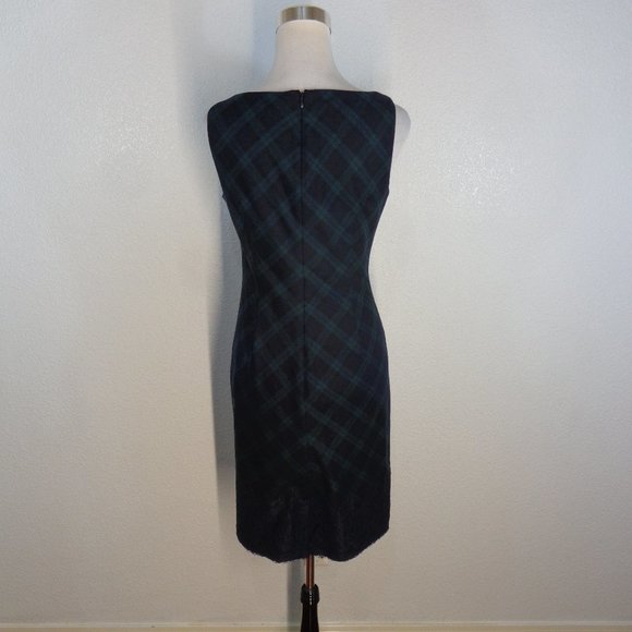 Talbots Green Navy Blue Black Plaid Wool Blend Lace Hem Sheath Dress Size 4 - Picture 4 of 6
